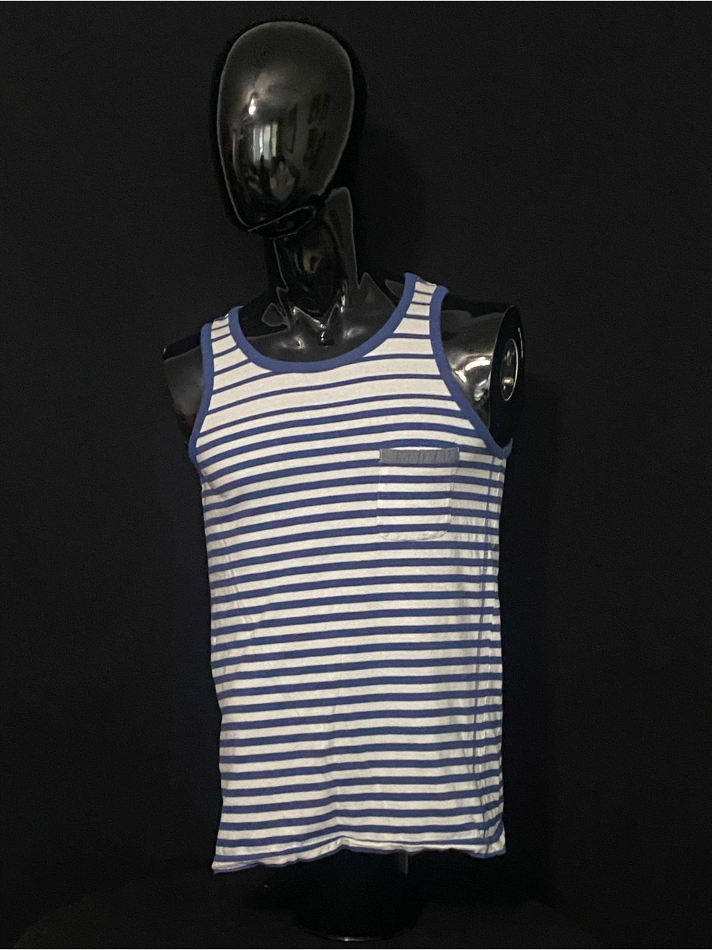 Men's Blue & White Striped Tank Top with Pocket